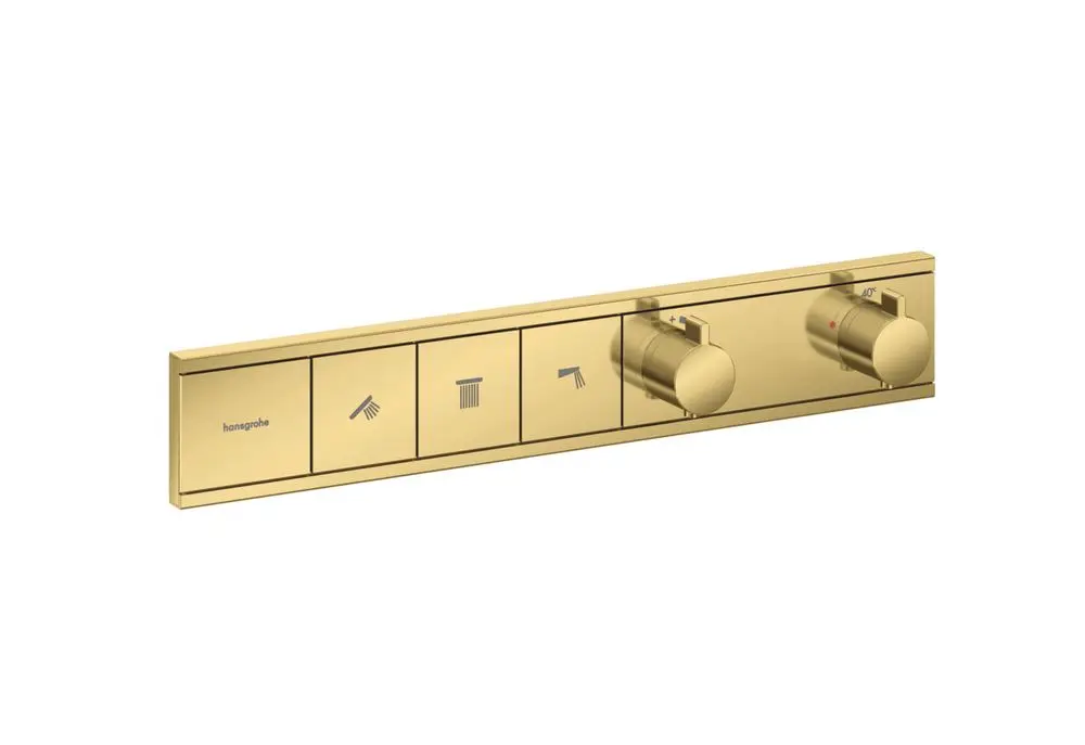 Thermostat von Hansgrohe in Goldoptik, ausgestattet mit mehreren Bedienelementen für die Regulierung von Temperatur und Wasserfluss für verschiedene Verbraucher.